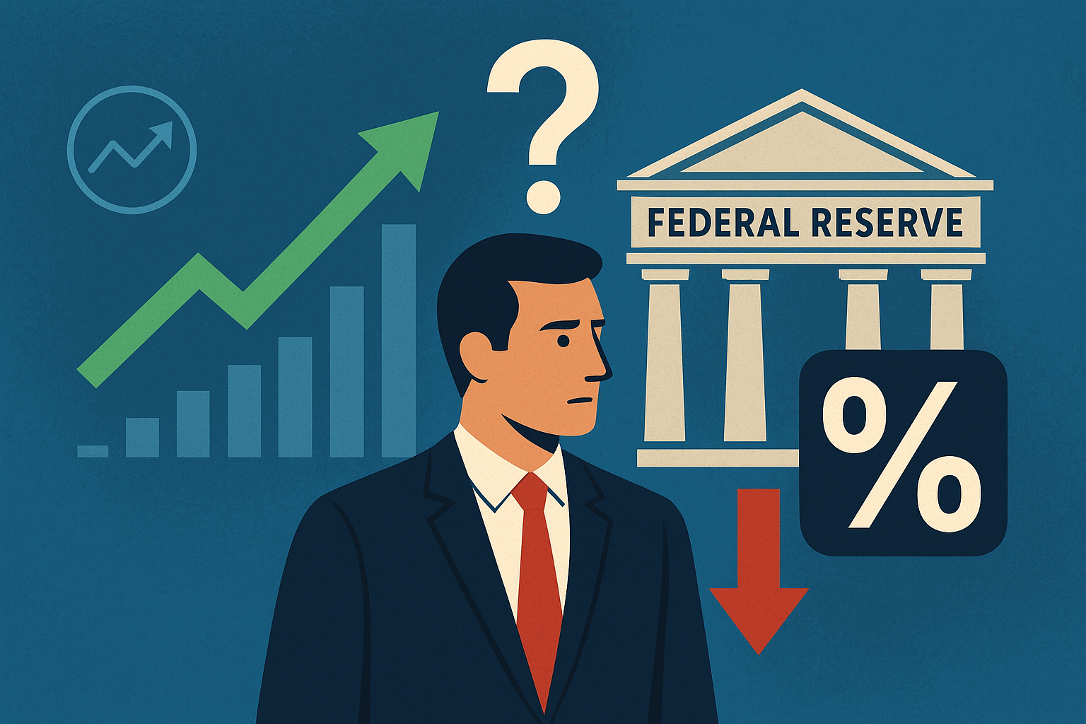Illustration of an investor standing in front of the Federal Reserve building with a question mark above his head, a green rising stock chart, and a red downward arrow with a percentage symbol.