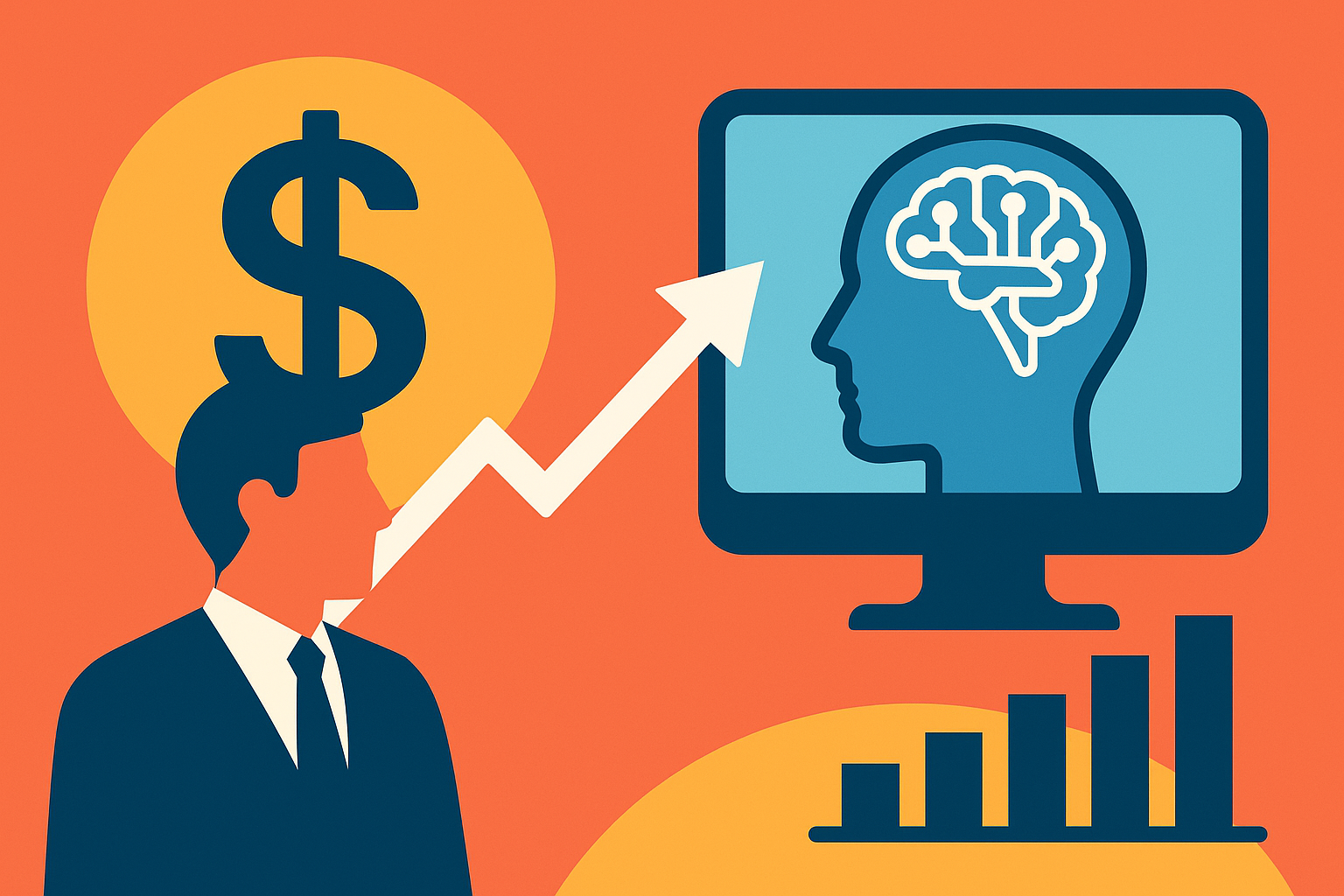 Illustration of a businessman with a dollar sign beside his head, an upward arrow pointing toward a computer screen displaying a human profile with a digital brain, symbolizing AI-driven market research and growth.