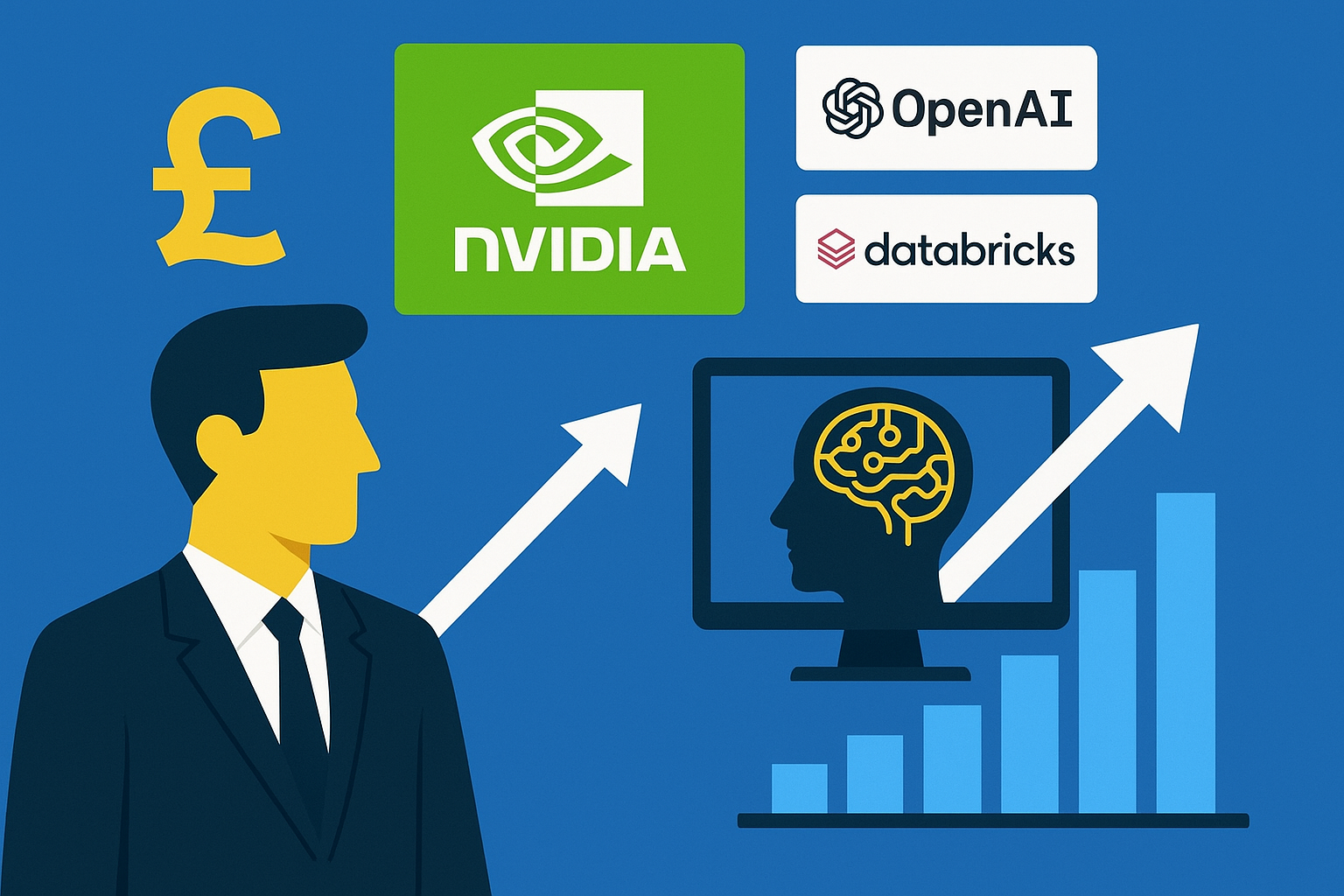 Illustration of a businessman with a euro symbol above his head, connected by an upward arrow to a digital brain inside a human head on a computer screen, with a bar chart below representing financial growth.
