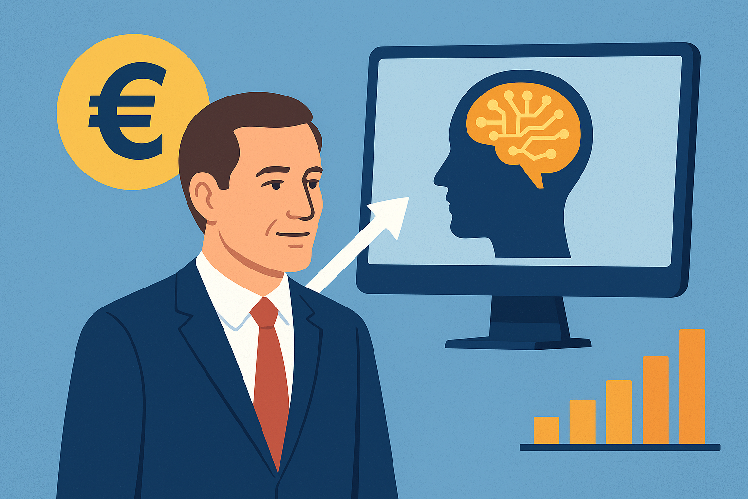 Illustration of a businessman with a scale of justice above his head, an upward arrow pointing toward a digital brain on a computer screen, and a bar chart below symbolizing regulatory balance and market growth.
