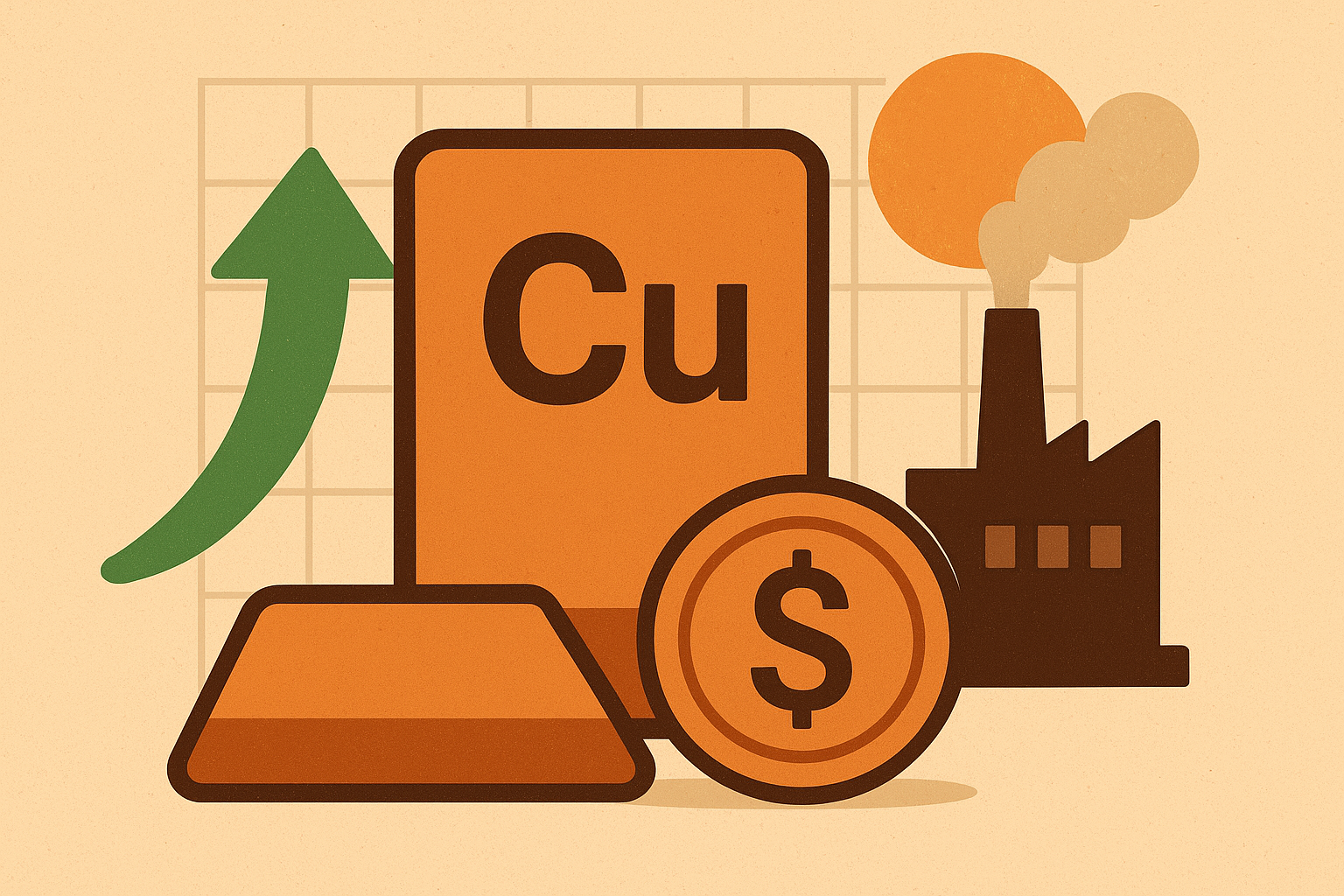 Illustrated copper ingot with the chemical symbol Cu, a rising green arrow, a dollar coin, and a factory with smokestacks in the background.