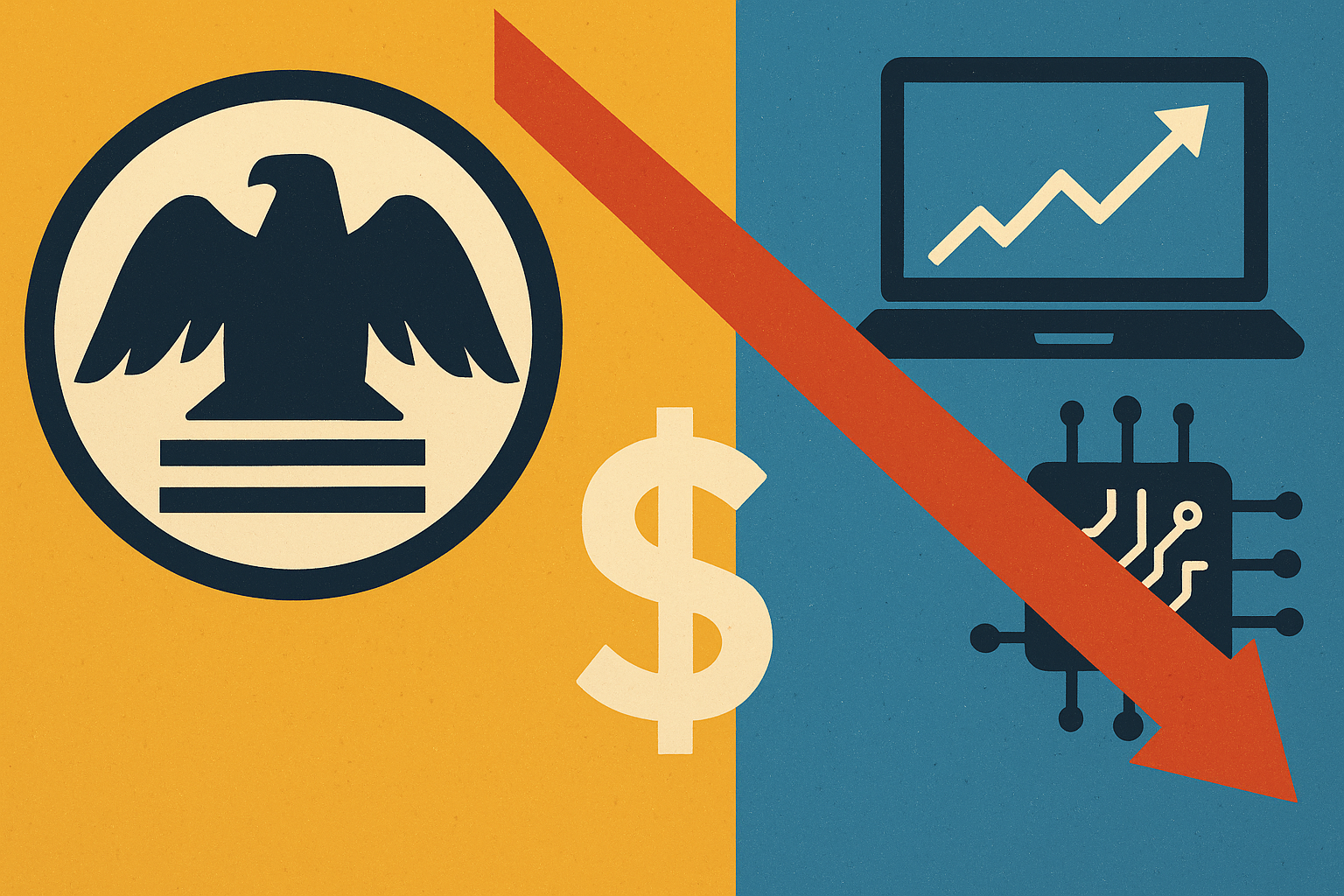 Illustrated image showing the Federal Reserve symbol beside a dollar sign, with a red downward arrow pointing toward technology icons like a laptop and microchip.