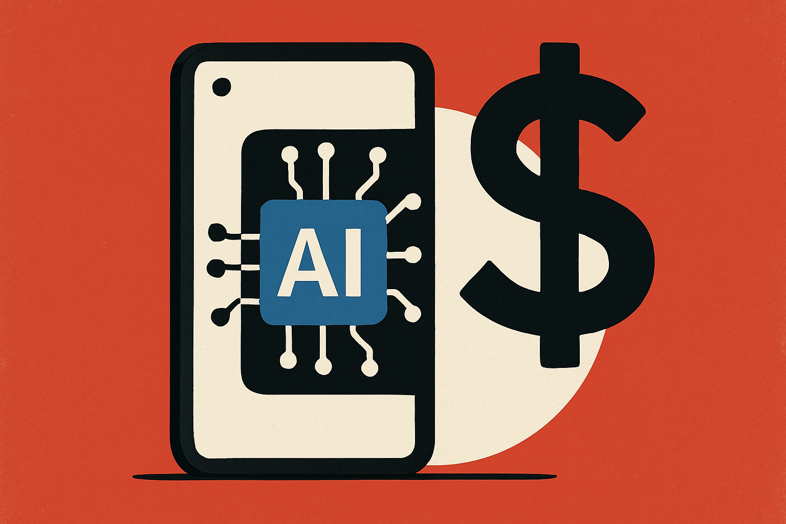 Minimalist illustration of a smartphone with an AI chip on its screen, circuitry lines radiating outward, and a large dollar sign symbolizing funding and market value.