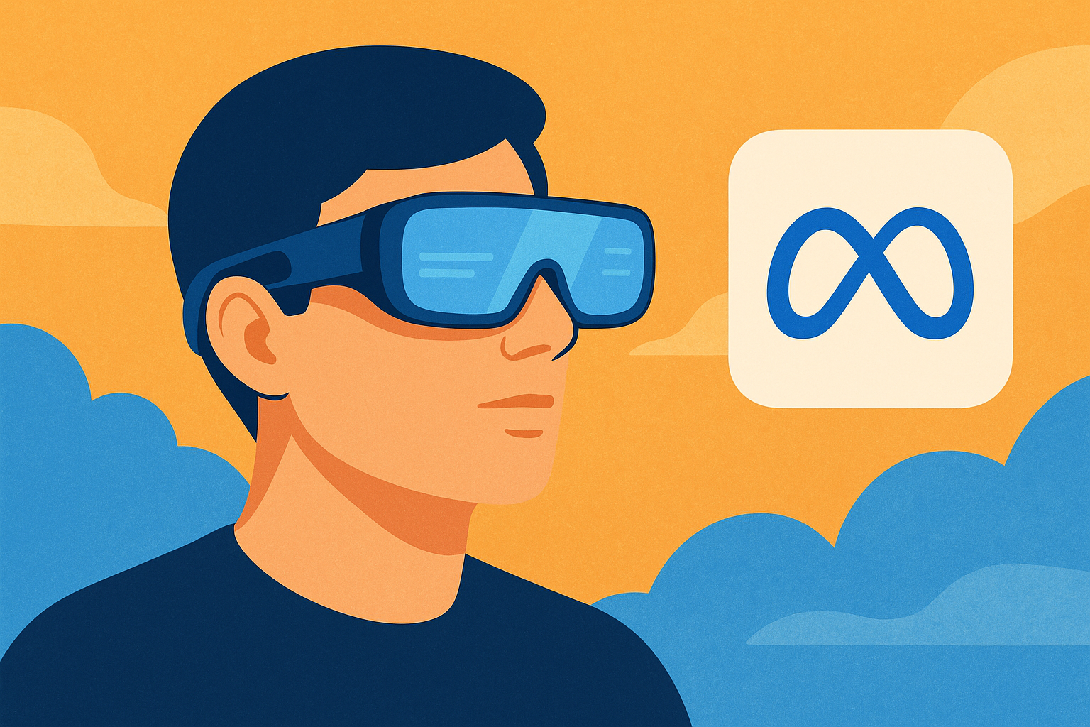 Illustrated person wearing sleek AR smart glasses with Meta’s infinity logo in the background.