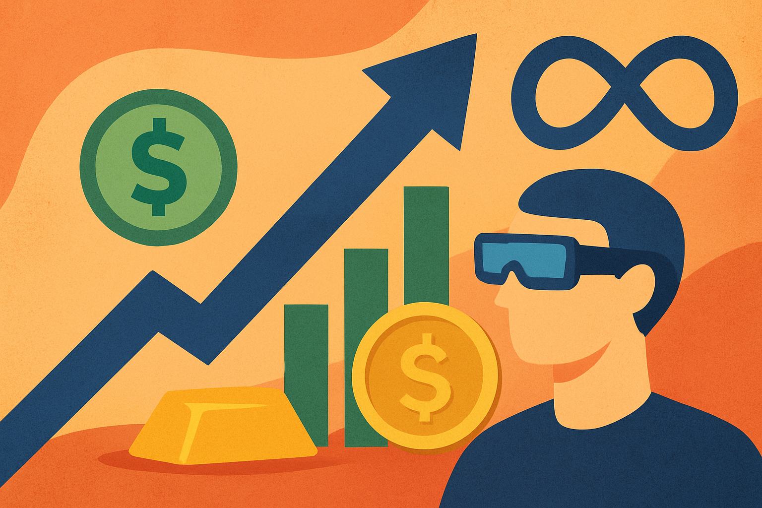 Symbolic illustration showing rising financial charts, dollar signs, gold, and a person looking forward with futuristic glasses, representing market anticipation of Federal Reserve rate cuts.