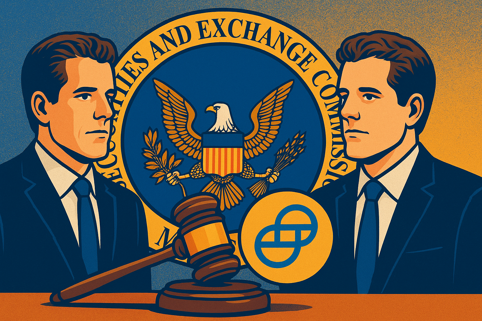 Illustration of the Winklevoss twins facing each other with the SEC emblem in the background, a gavel, and the Gemini logo in the foreground.