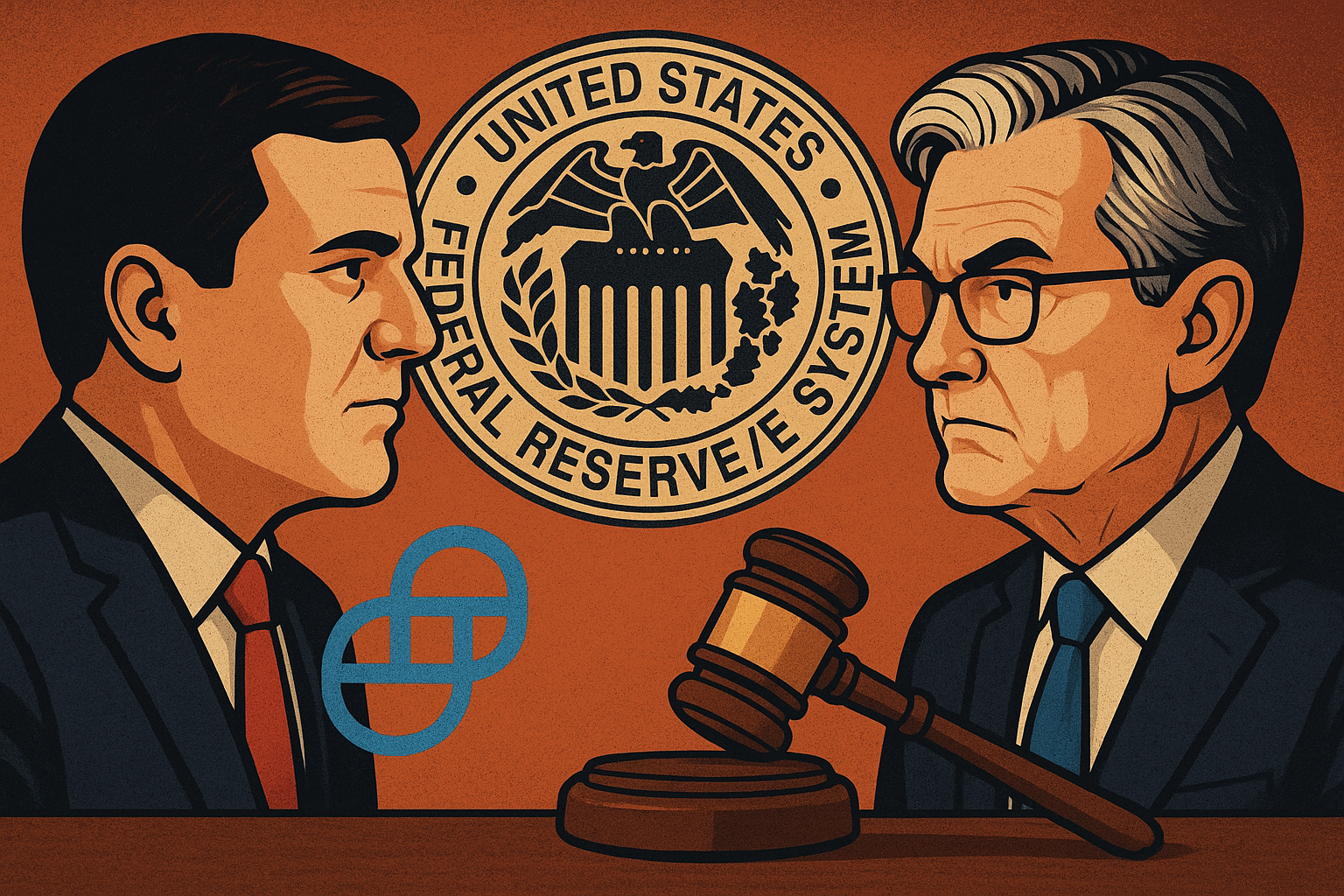 Illustration of Stephen Miran and Jerome Powell facing each other with the Federal Reserve seal and a gavel between them, symbolizing political pressure on monetary policy.