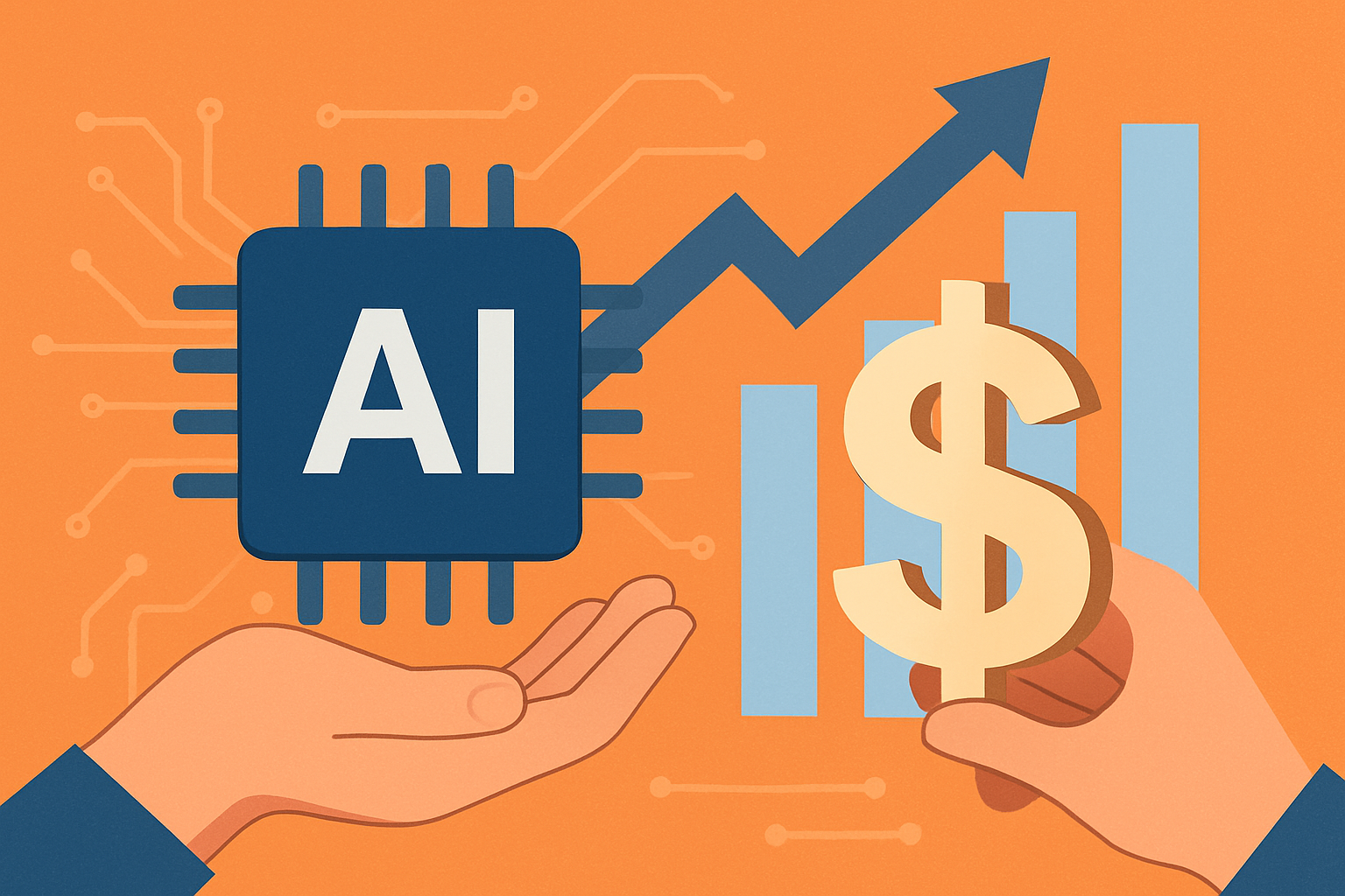 Illustration of hands holding an AI microchip and a dollar sign with upward financial growth symbols in the background.
