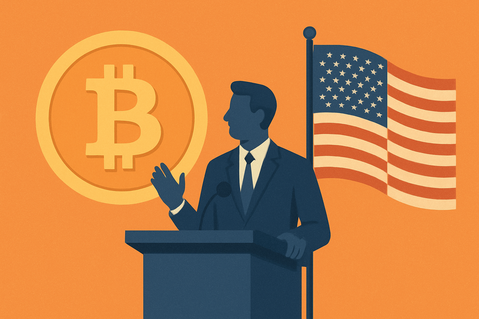 Illustration of a government official at a podium with the U.S. flag in the background and a large Bitcoin symbol beside them.