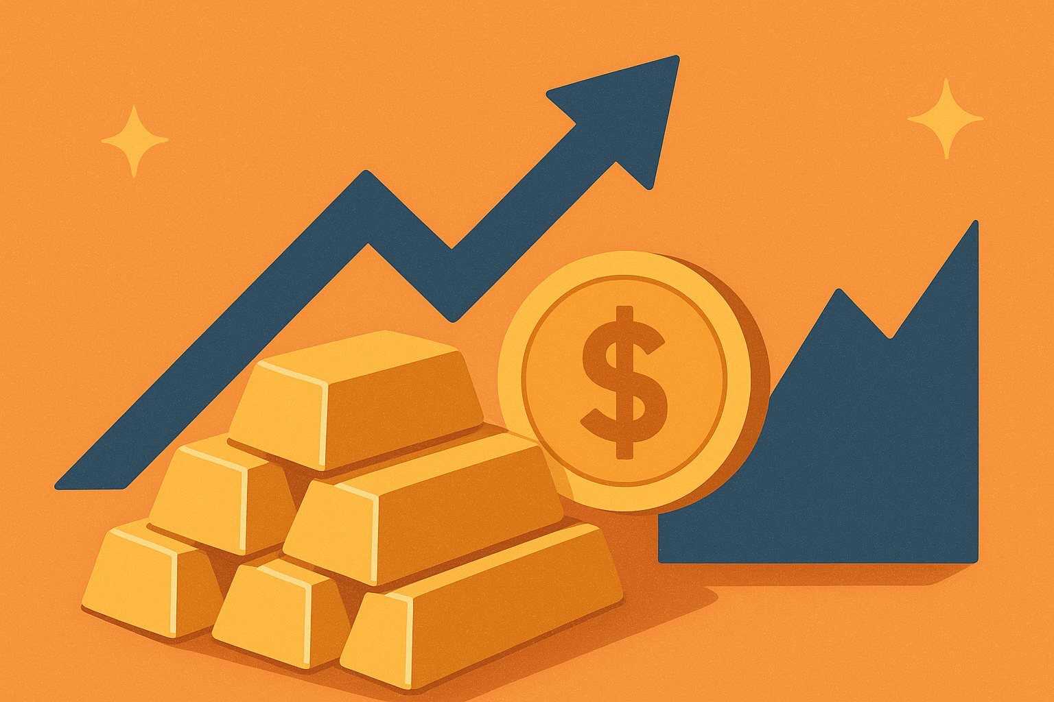 Illustration of stacked gold bars, a rising arrow, and a dollar coin symbolizing financial growth and investment gains.