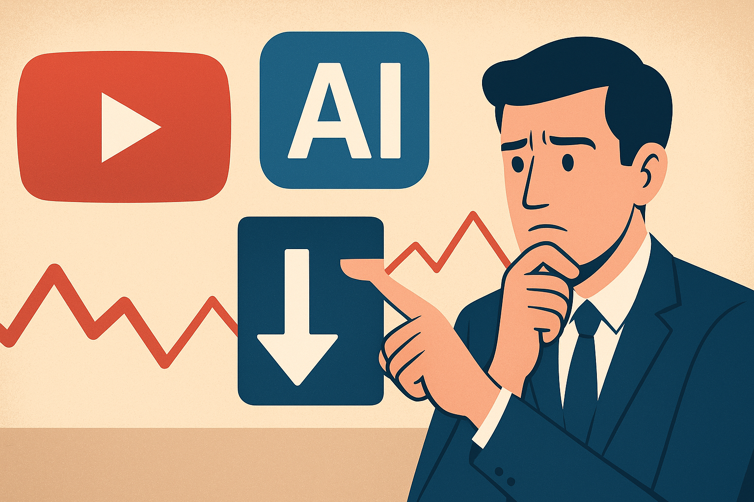 Illustration of an investor looking concerned at symbols of YouTube, AI, and a downward arrow, with a fluctuating stock graph in the background.