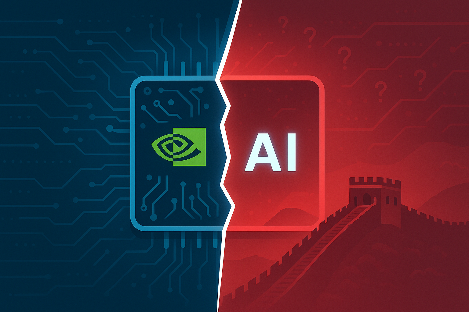 An illustration of a split AI chip, with Nvidia’s logo on the blue circuit side and the Great Wall of China on the red side, symbolizing China’s expanded restrictions on U.S. AI technology.