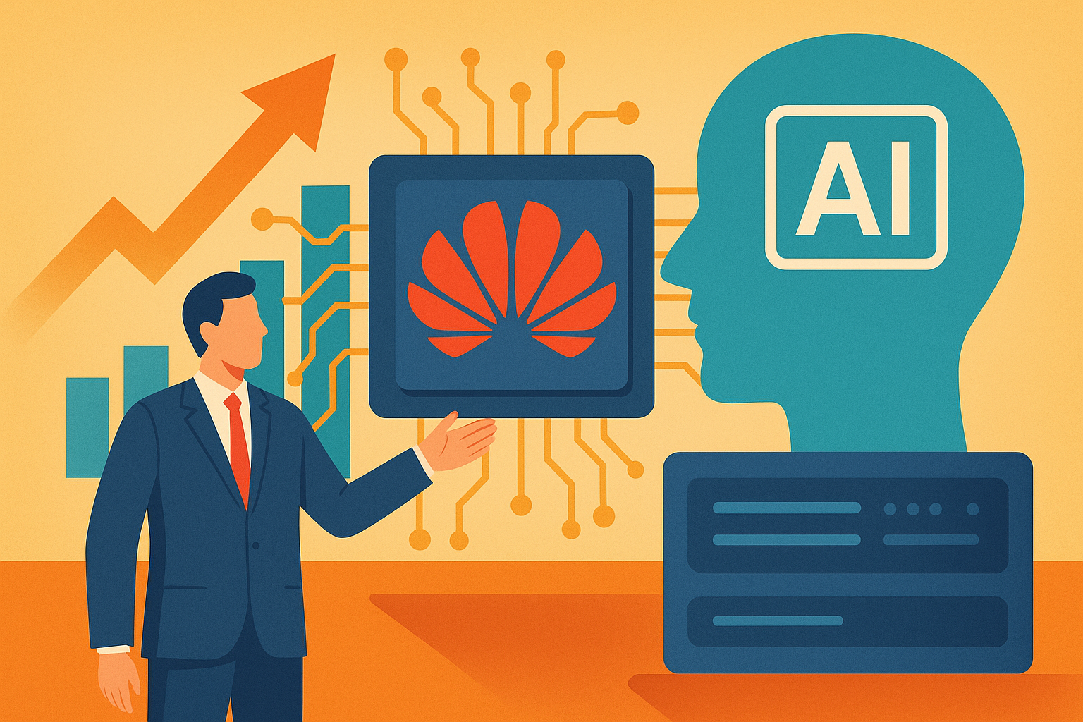 Illustrated concept showing Huawei’s AI chip alongside a human head with "AI" symbol, a business figure, and growth charts, symbolizing technological and market expansion.