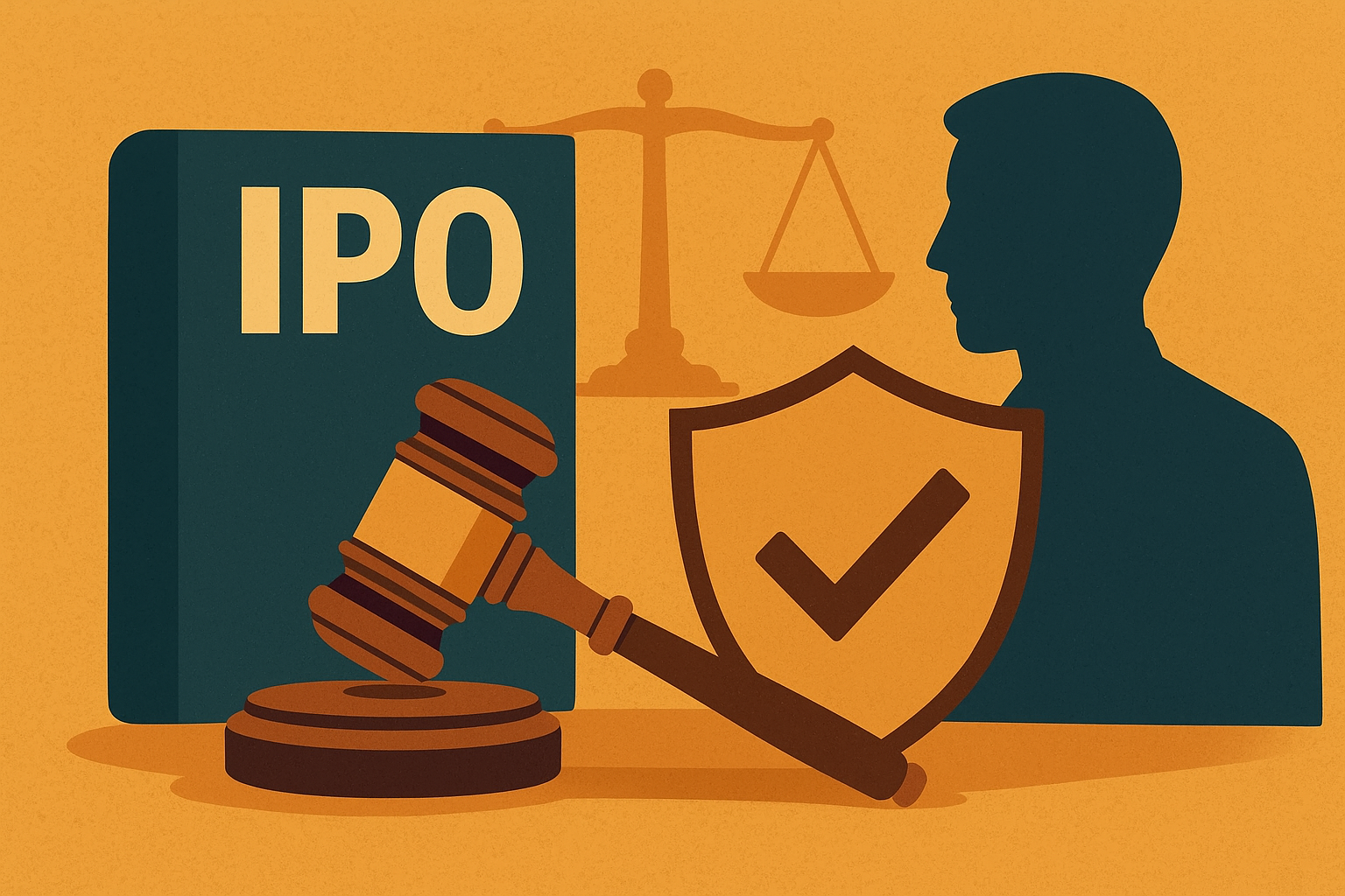 Illustration of a gavel, an IPO book, a shield with a checkmark, and a business silhouette with scales of justice in the background, symbolizing arbitration in corporate governance.