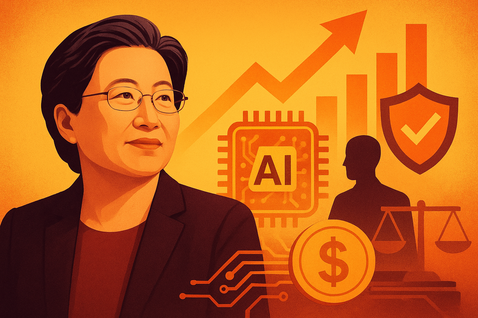 Stylized illustration of AMD CEO Lisa Su with AI chip, growth charts, dollar coin, and upward arrow, symbolizing the booming AI market.