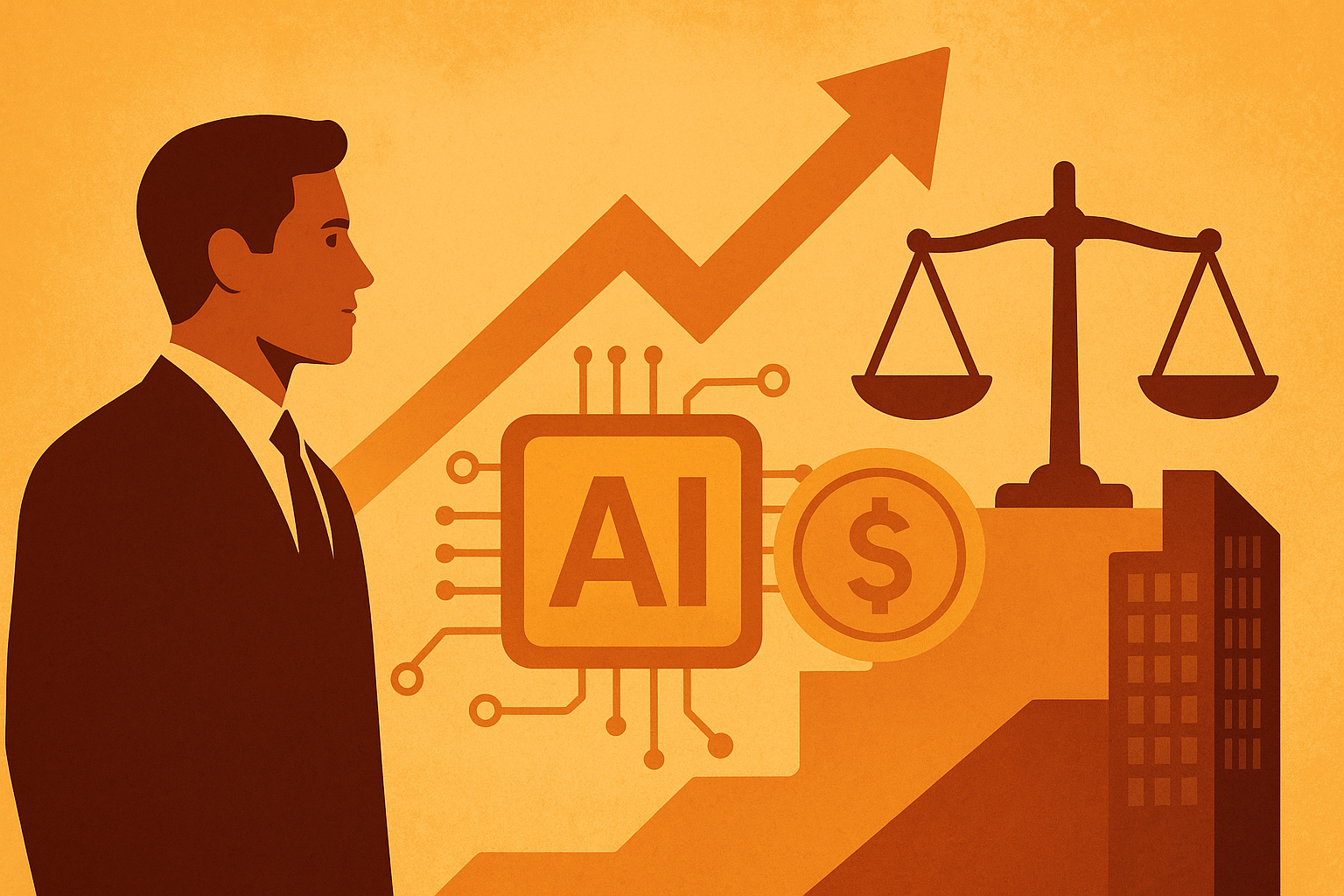 Stylized illustration of a businessperson with investment arrows, a globe, AI chip, and financial icons, symbolizing Abu Dhabi’s $50 billion AI-focused private equity fund.