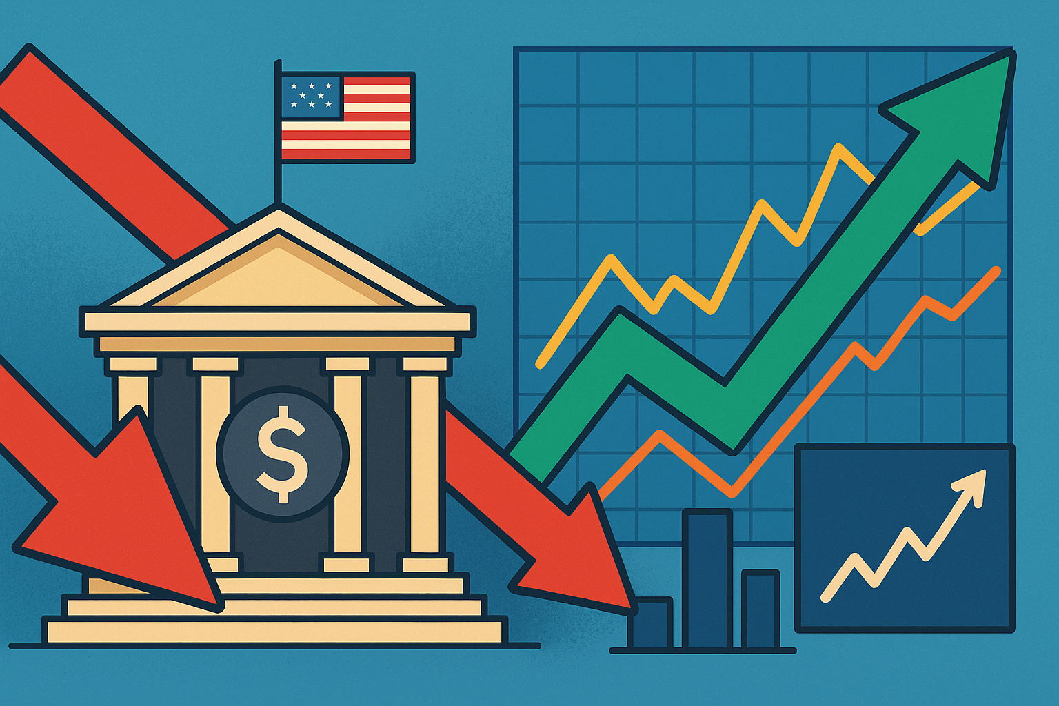 Illustration of a U.S. government building with a dollar symbol, red arrows pointing down, and green/yellow stock market lines trending upward.