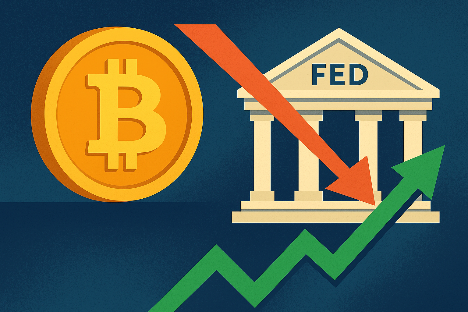 Illustration of a golden Bitcoin coin, a U.S. Federal Reserve building, and arrows showing interest rate cuts and rising market trends.