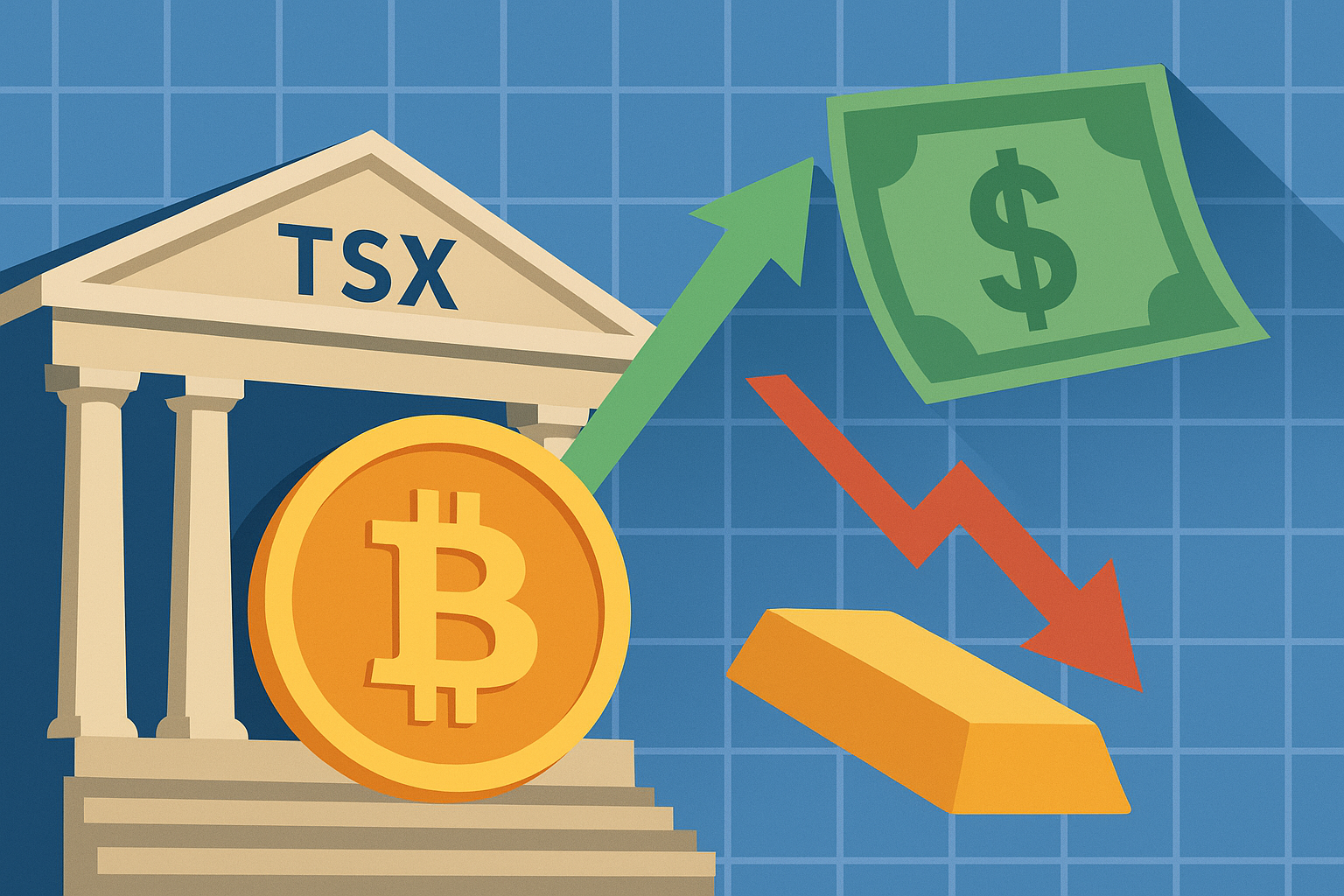 Illustration of the TSX building with a rising green arrow, falling red arrow over a gold bar, a U.S. dollar note, and Bitcoin coin.