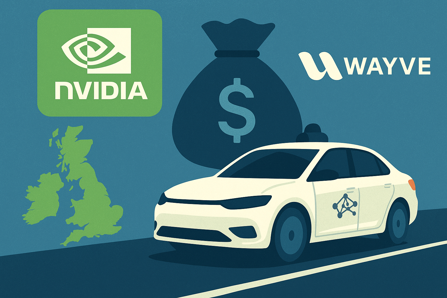 Illustration of a self-driving car alongside Nvidia’s logo, a money bag symbol, a map of the UK, and Wayve’s logo, representing Nvidia’s investment in autonomous driving startup Wayve.