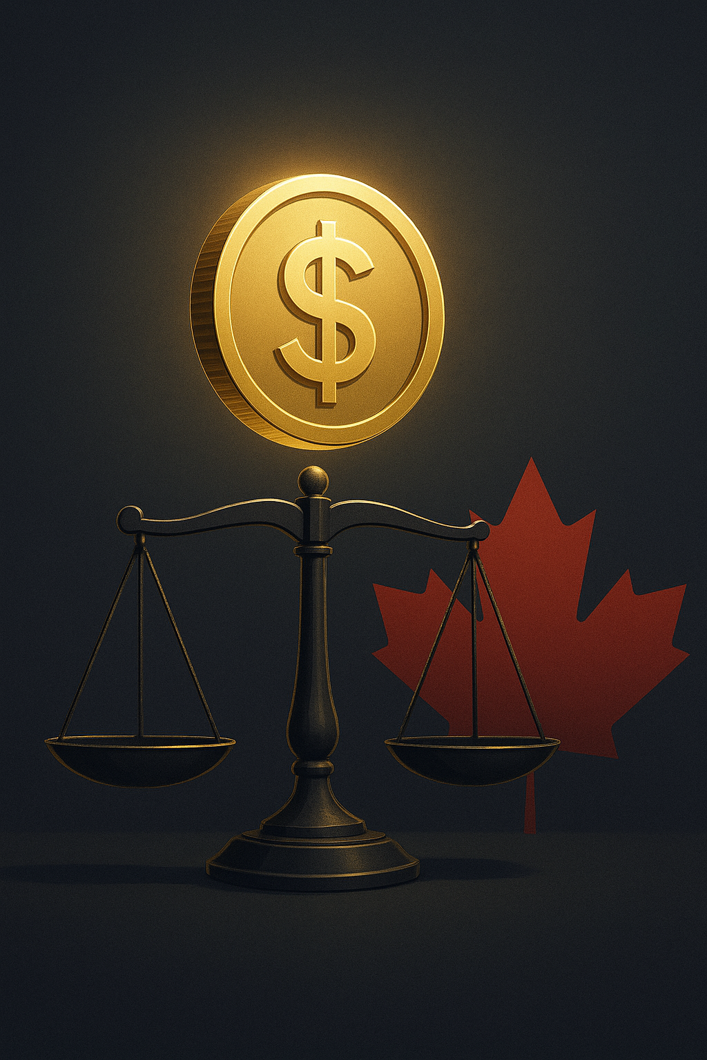 Illustration of a glowing gold stablecoin above balanced legal scales with a red maple leaf in the background, symbolizing Canada’s regulatory focus on digital assets.