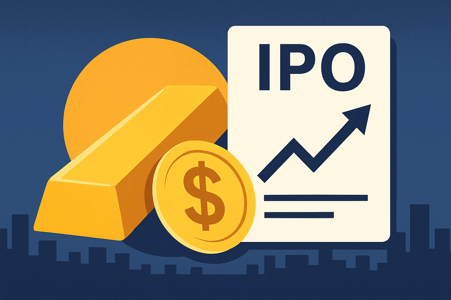Illustration of a gold bar and coin beside an IPO document with an upward graph, symbolizing Zijin Gold’s $3.2B Hong Kong IPO.