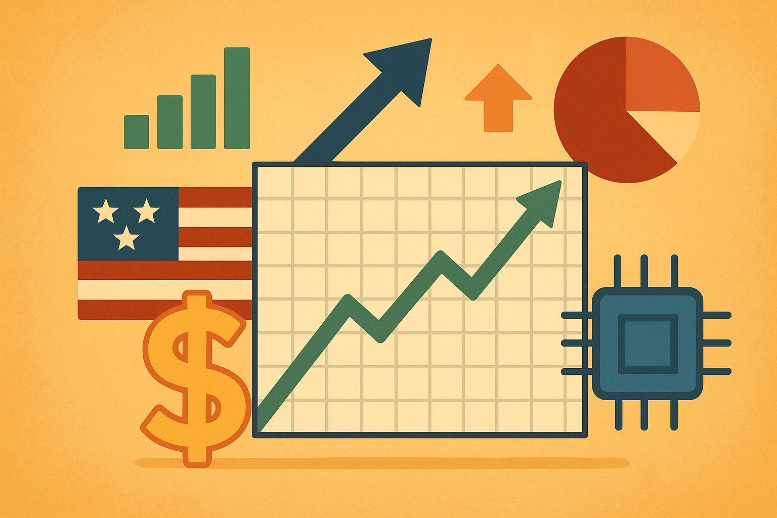 Illustration of U.S. financial market growth with rising stock chart, dollar symbol, American flag, microchip, and data graphics.