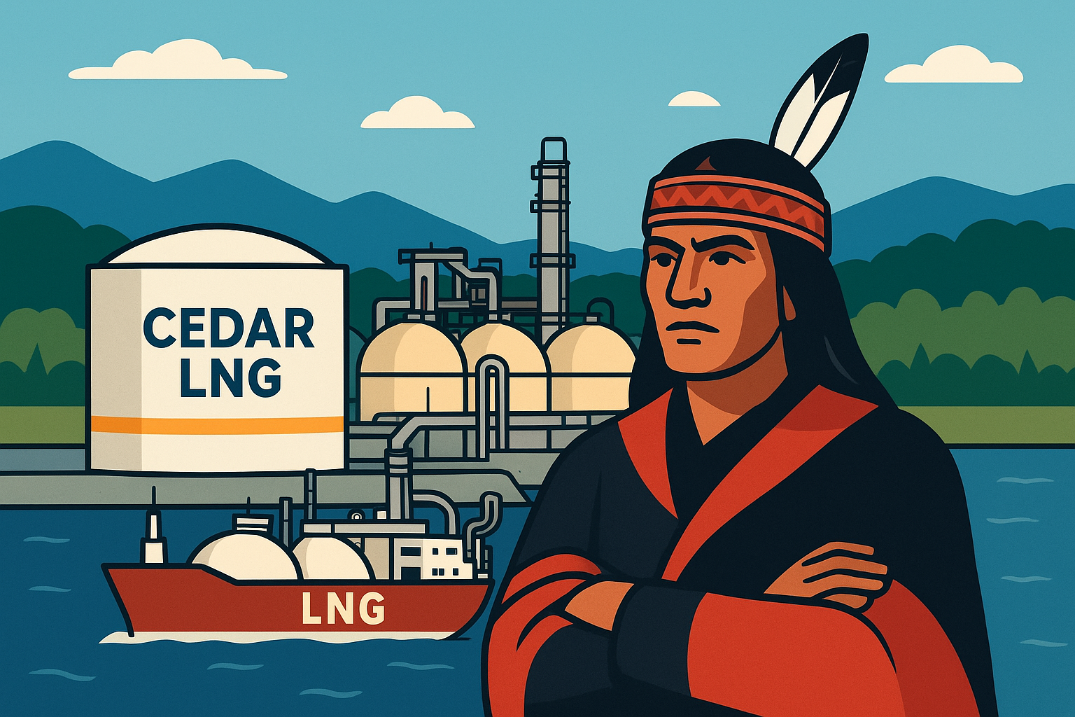Illustration of a Haisla Nation representative in traditional attire standing proudly before the Cedar LNG facility with LNG storage tanks, pipelines, and a tanker ship set against a mountainous backdrop.
