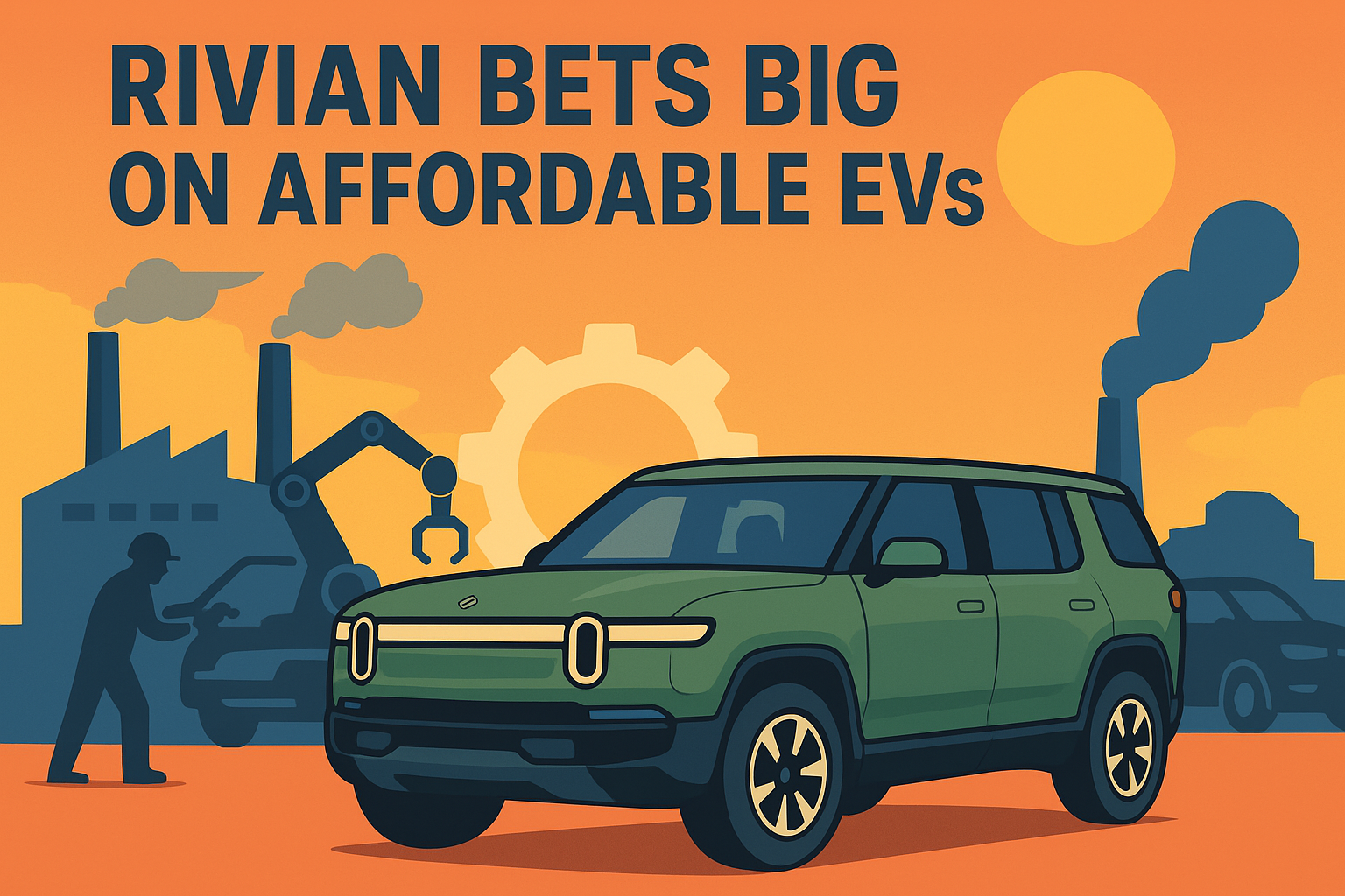 Illustrated green Rivian SUV in front of factories and robotic arms, symbolizing affordable electric vehicle production and industry competition.