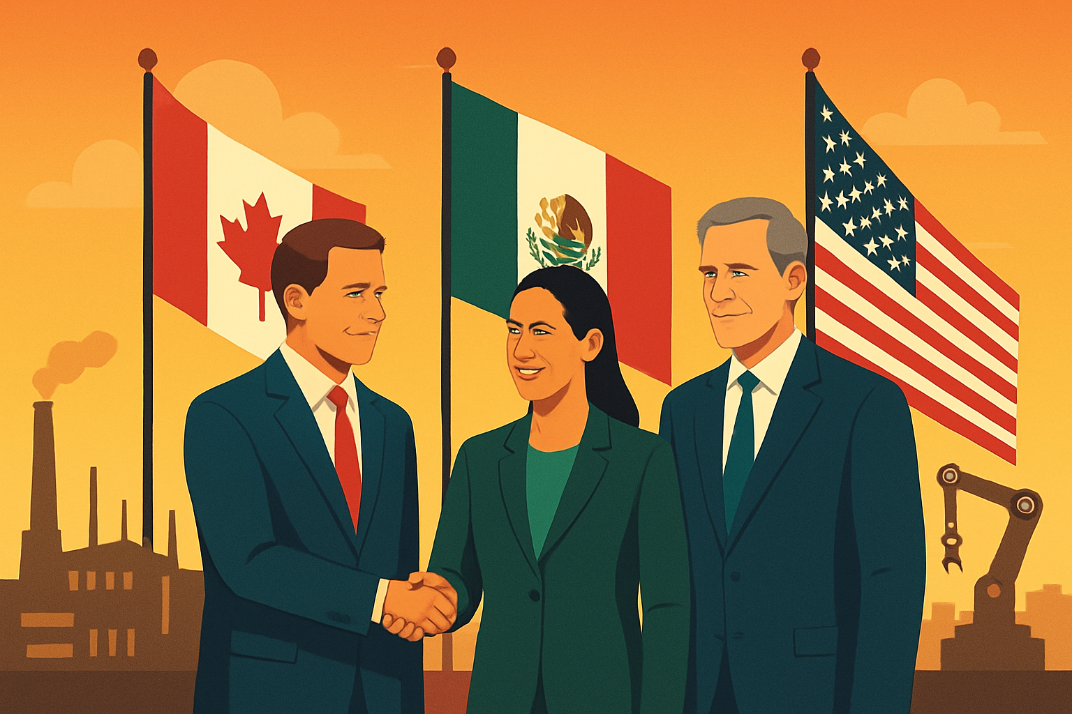 Illustrated depiction of leaders from Canada, Mexico, and the United States standing together with their national flags behind them, symbolizing cooperation on trade and policy.