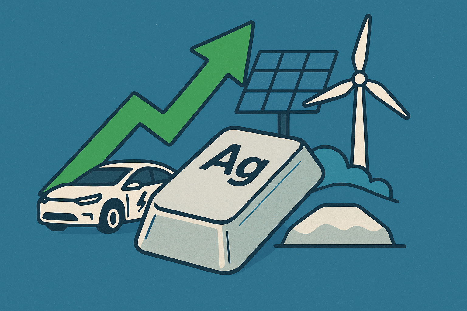 Illustration of a silver bar marked "Ag" alongside an electric vehicle, solar panels, and a wind turbine, with a green upward arrow symbolizing rising demand.