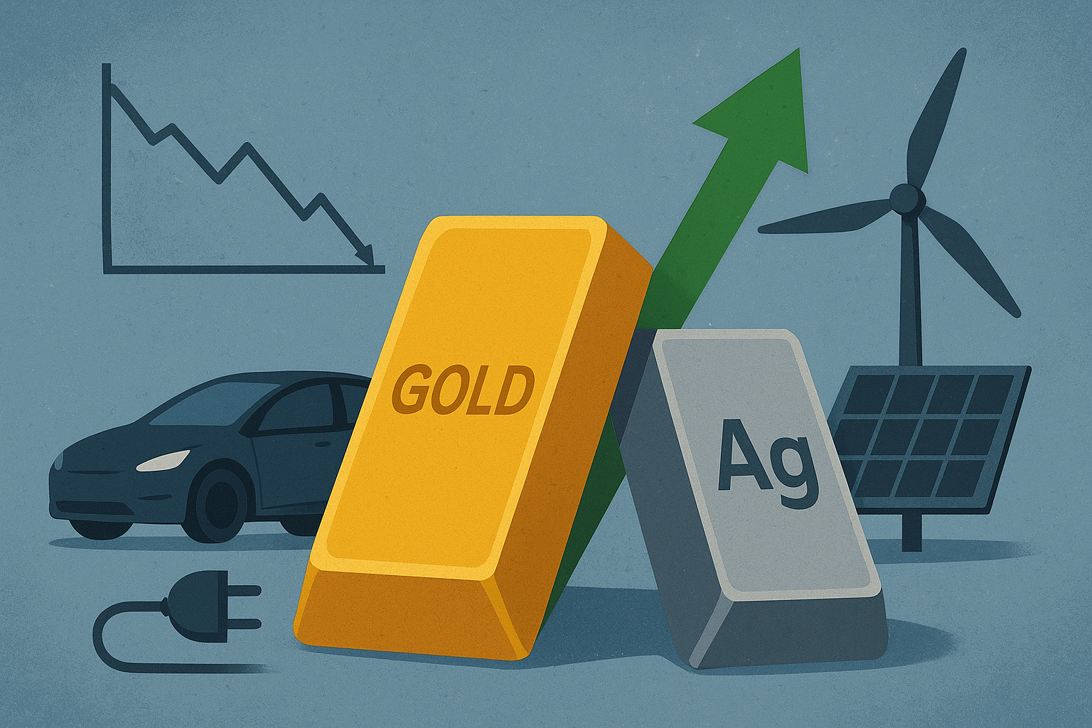Illustration of gold and silver bars with a rising green arrow, set against symbols of financial instability including a downward chart, an electric car, solar panels, and a wind turbine.
