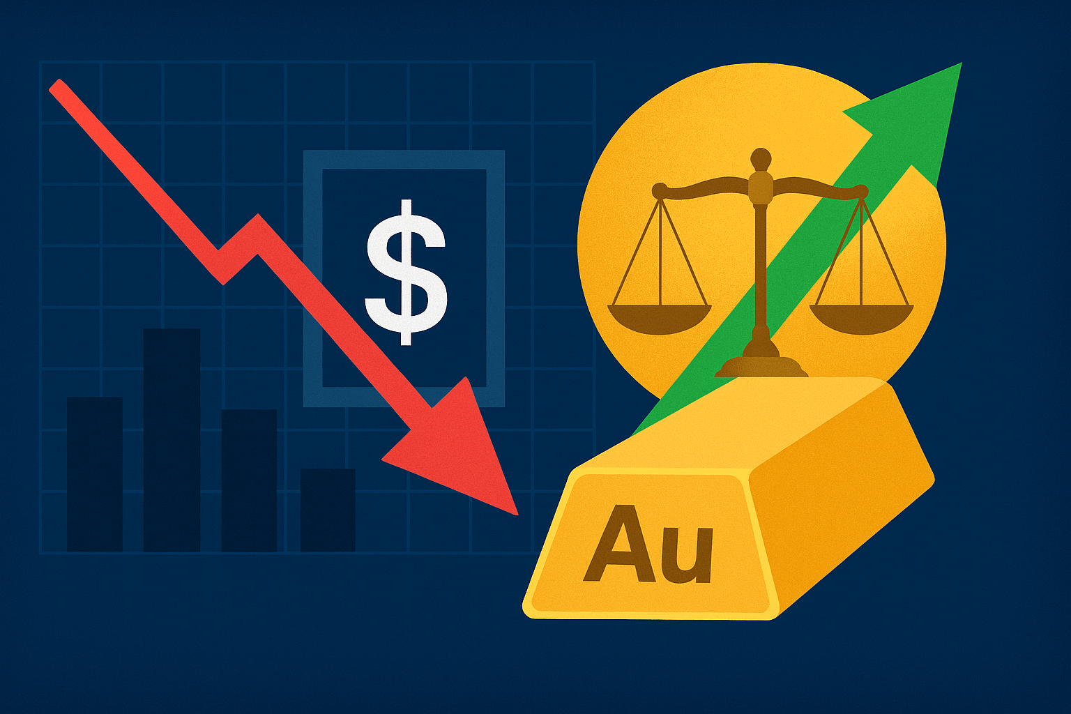 Illustration of a gold bar with a green upward arrow, a red downward arrow showing market decline, a dollar symbol, and a balance scale symbolizing stability during financial uncertainty.