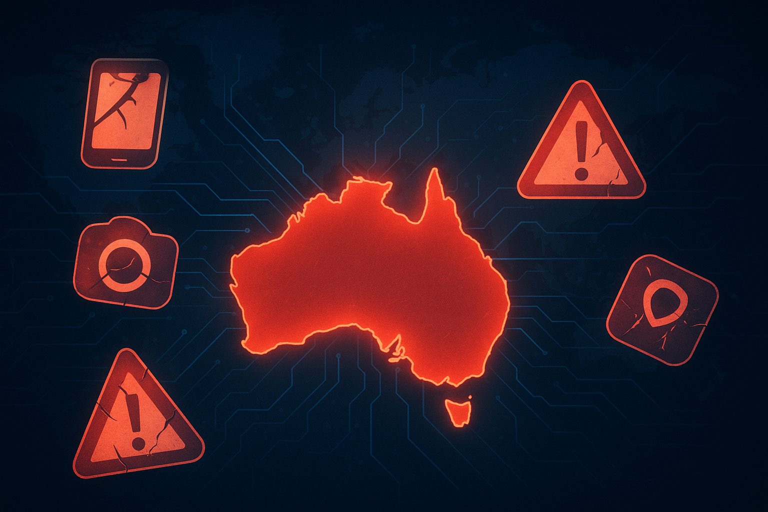 Digital illustration of Australia glowing on a world map, with broken app icons, shattered surveillance symbols, and warning signs representing harmful apps being dismantled.