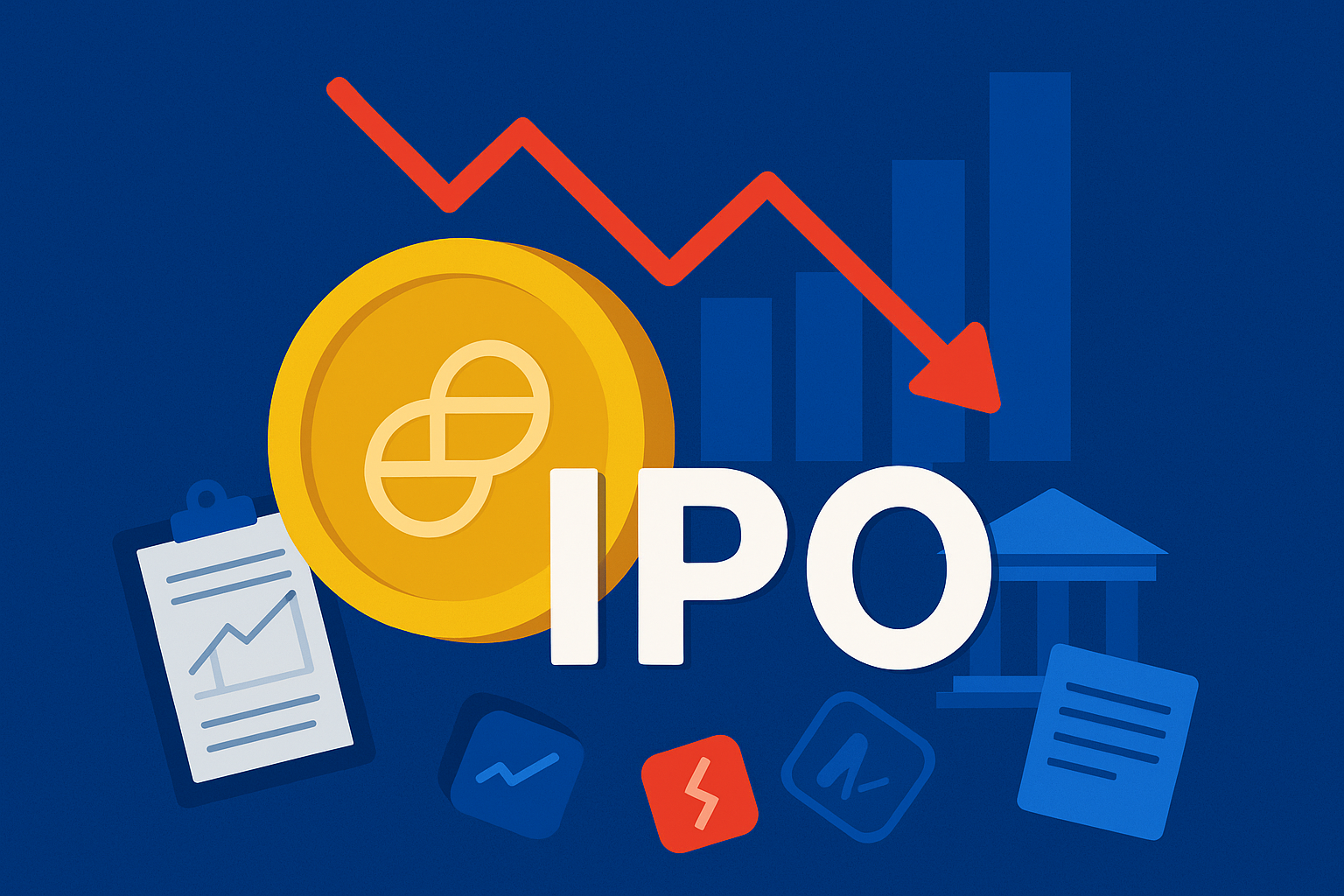 An abstract digital illustration of two mirrored celestial twins orbiting around a glowing coin, symbolizing Gemini’s IPO and the institutional rise of cryptocurrency.