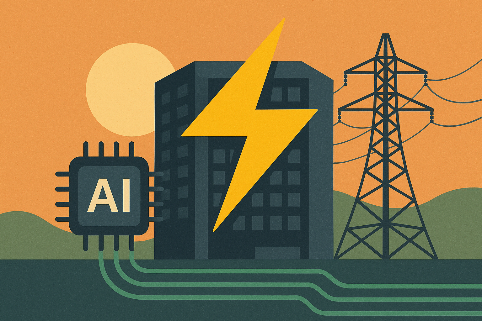 Illustration of a data center with a lightning bolt, AI microchip, and power lines symbolizing electricity demand for artificial intelligence.