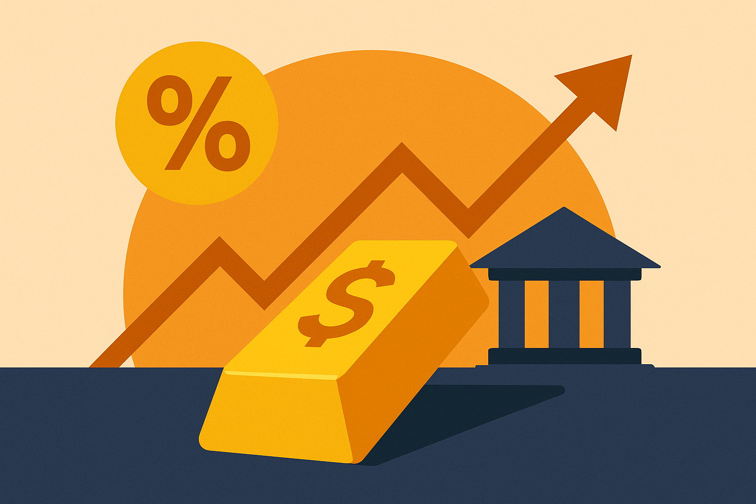 Illustration of a golden bar chart rising with a Federal Reserve building, gold bars, and silver coins symbolizing precious metals rally.