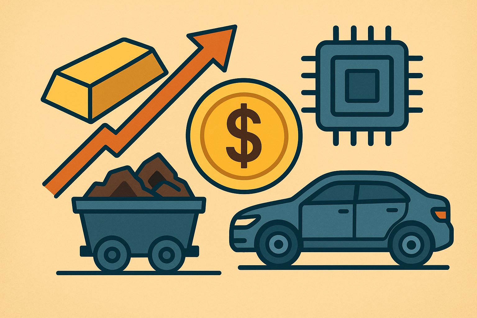 Illustrated symbols of a gold bar, mining cart, rising arrow, dollar coin, computer chip, and a car representing shifts in European equity markets.