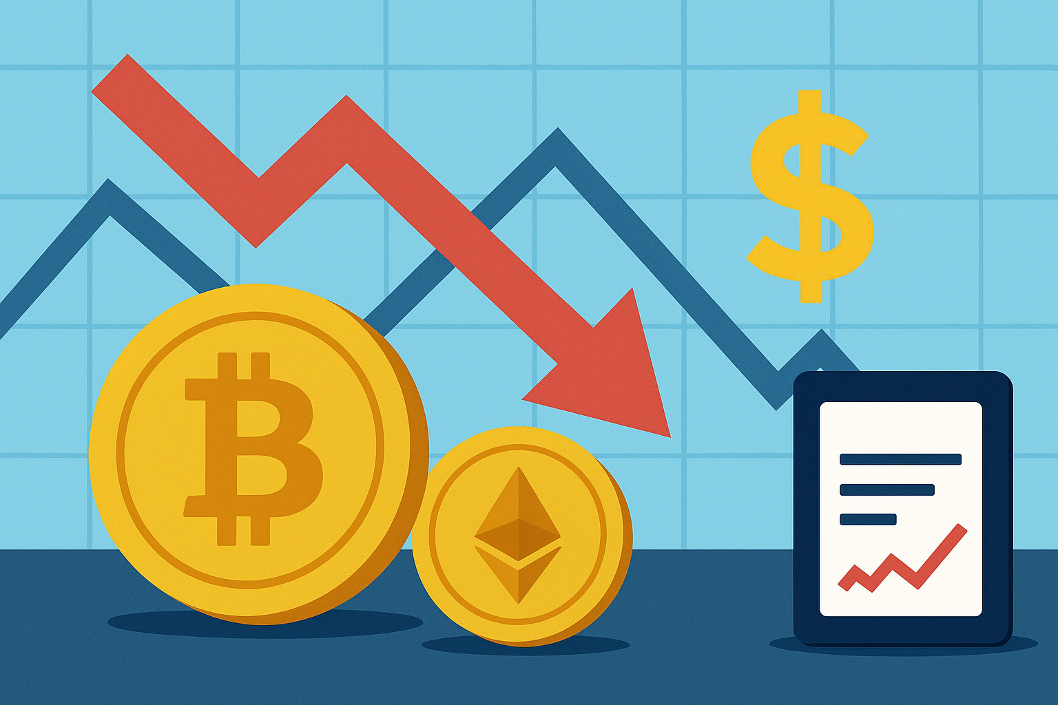 Illustration of Bitcoin and Ethereum coins with a red downward arrow, financial chart, and dollar sign symbolizing cryptocurrency market decline.