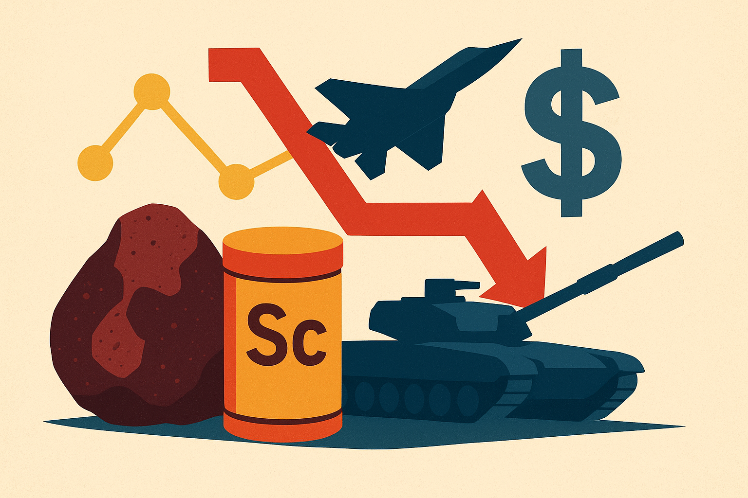 A symbolic digital illustration showing metallic scandium elements connected to defense and aerospace icons, representing its strategic importance in critical industries.