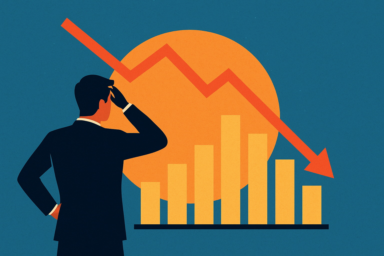 Illustration of a businessman analyzing a downward red trend line and bar chart, symbolizing financial challenges and market uncertainty.