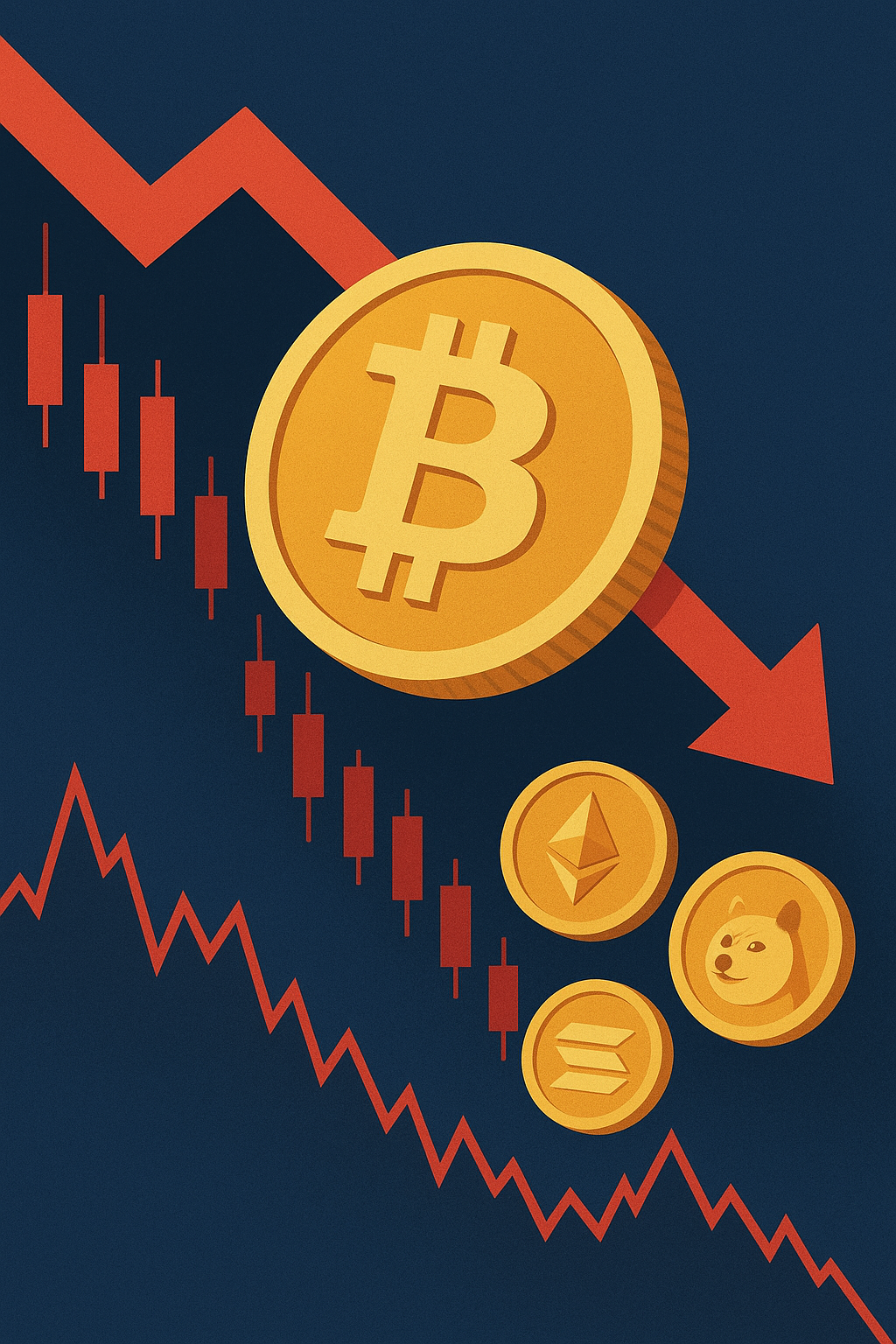 Digital illustration of a large golden Bitcoin and smaller Ethereum, Solana, and Dogecoin coins falling alongside a sharp red downward arrow and candlestick chart, symbolizing a major market decline.