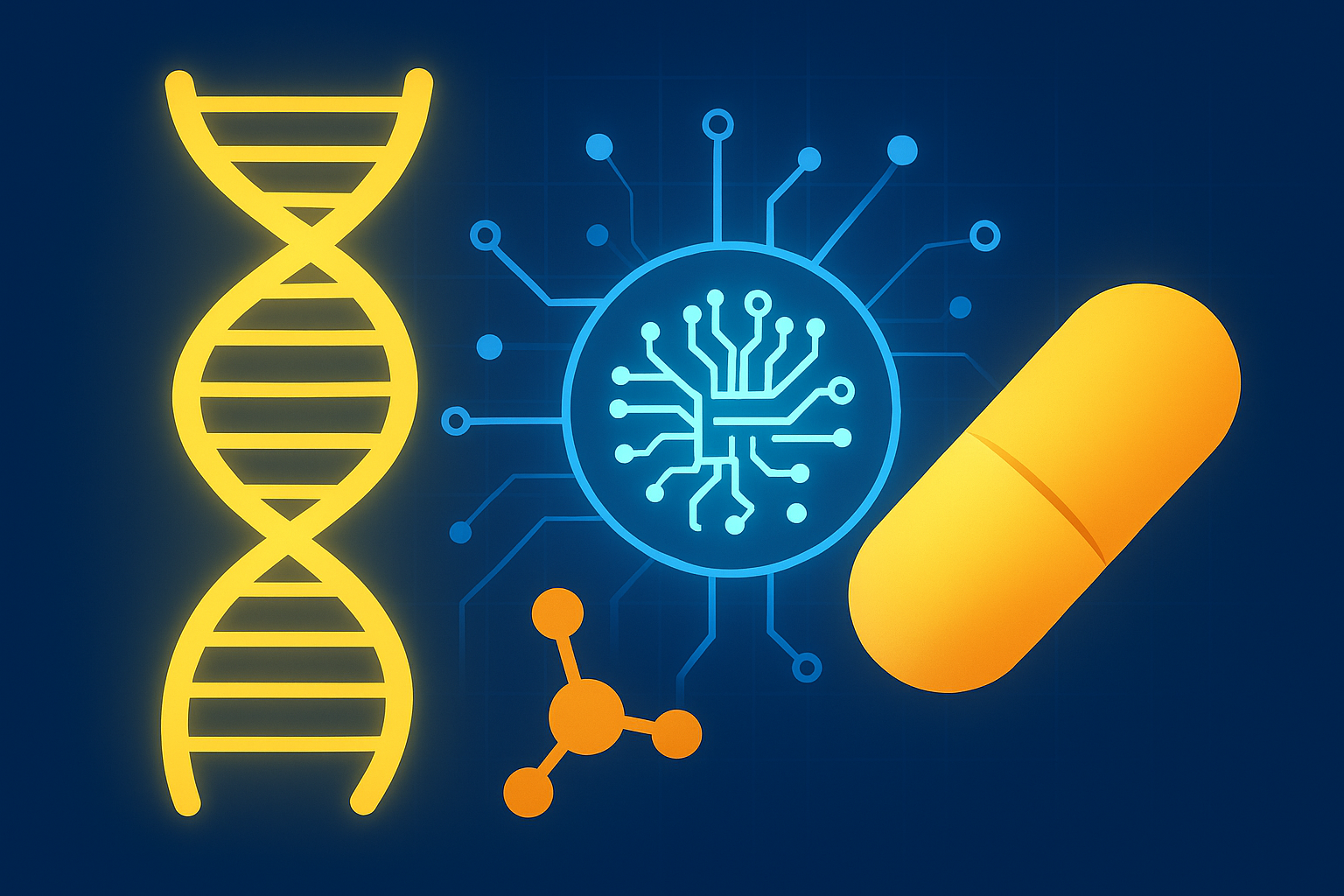 Illustration showing a glowing DNA helix, a neural network circuit sphere, and a golden pill capsule, symbolizing the fusion of artificial intelligence and biotechnology in drug discovery.