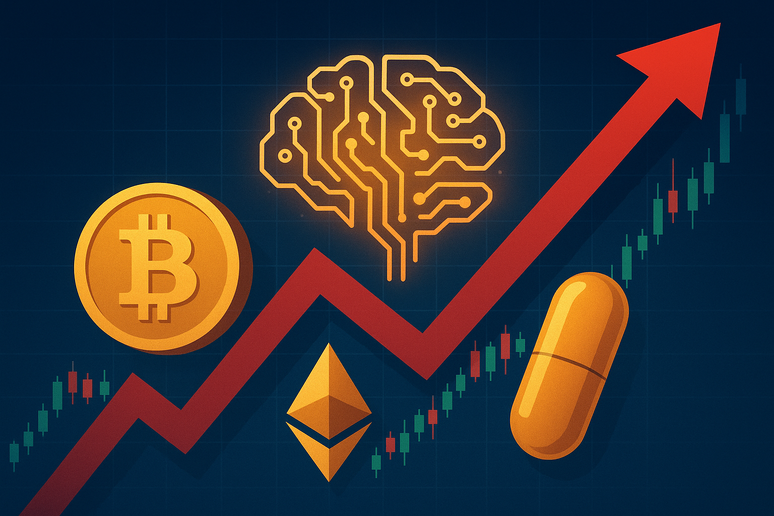 Illustration of a rising red arrow over a stock market chart, with symbols including a golden Bitcoin, Ethereum icon, a glowing AI brain circuit, and a golden pill capsule, symbolizing the intersection of technology, finance, and innovation.
