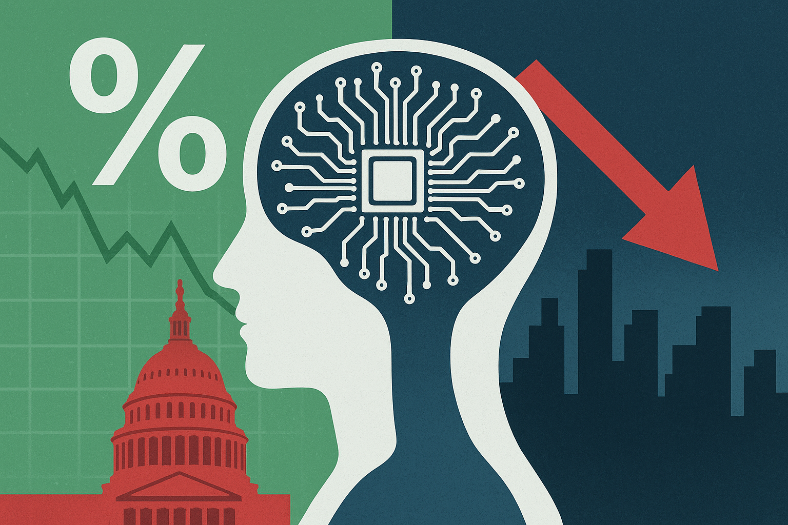 Illustration showing a split Federal Reserve building with diverging arrows and a looming Capitol dome shadow, symbolizing uncertainty from rate-cut debates and government shutdown risks.