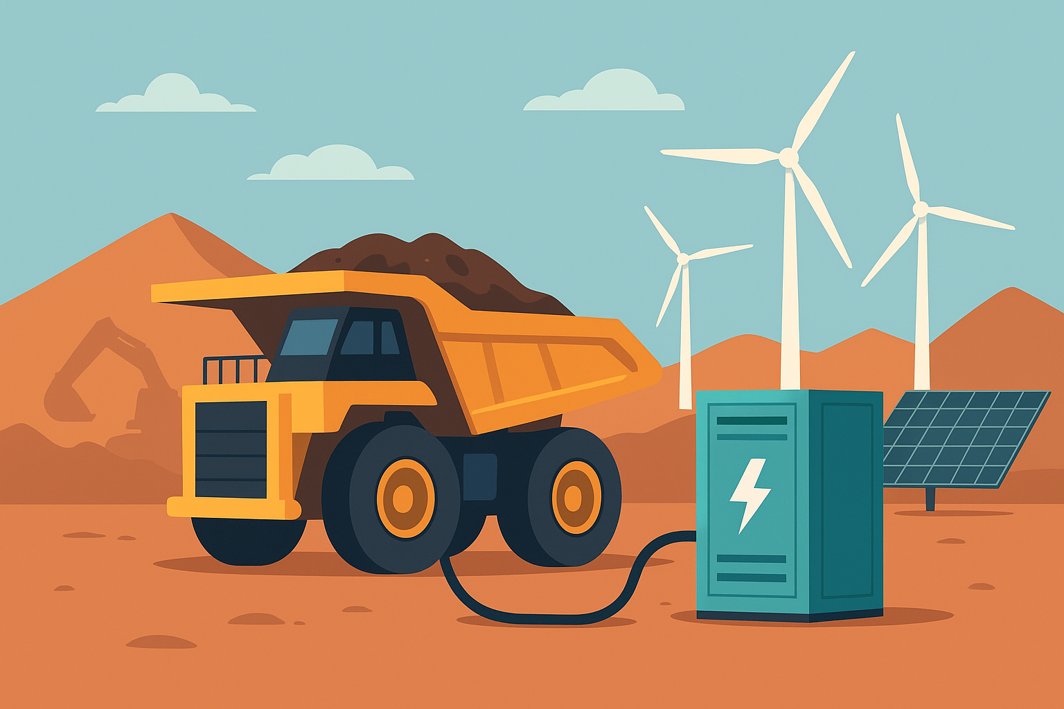 Illustration of a mining truck connected to a battery storage unit with wind turbines and solar panels in the background, symbolizing decarbonization in the mining sector.