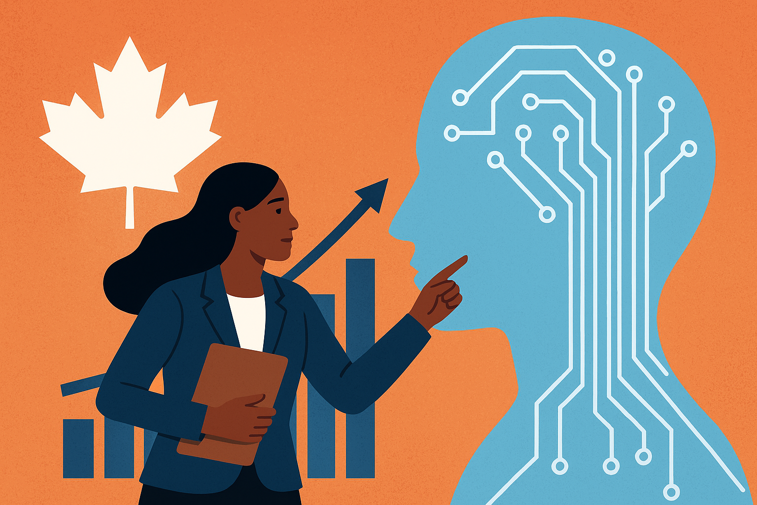 Illustration of Canadian business leaders and policymakers discussing AI regulation in a symbolic digital environment.