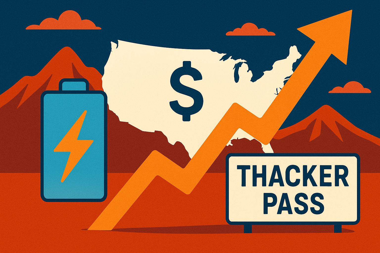 Illustration of U.S. map with dollar sign, upward arrow, battery icon, and Nevada’s Thacker Pass mountains, symbolizing lithium investment growth.