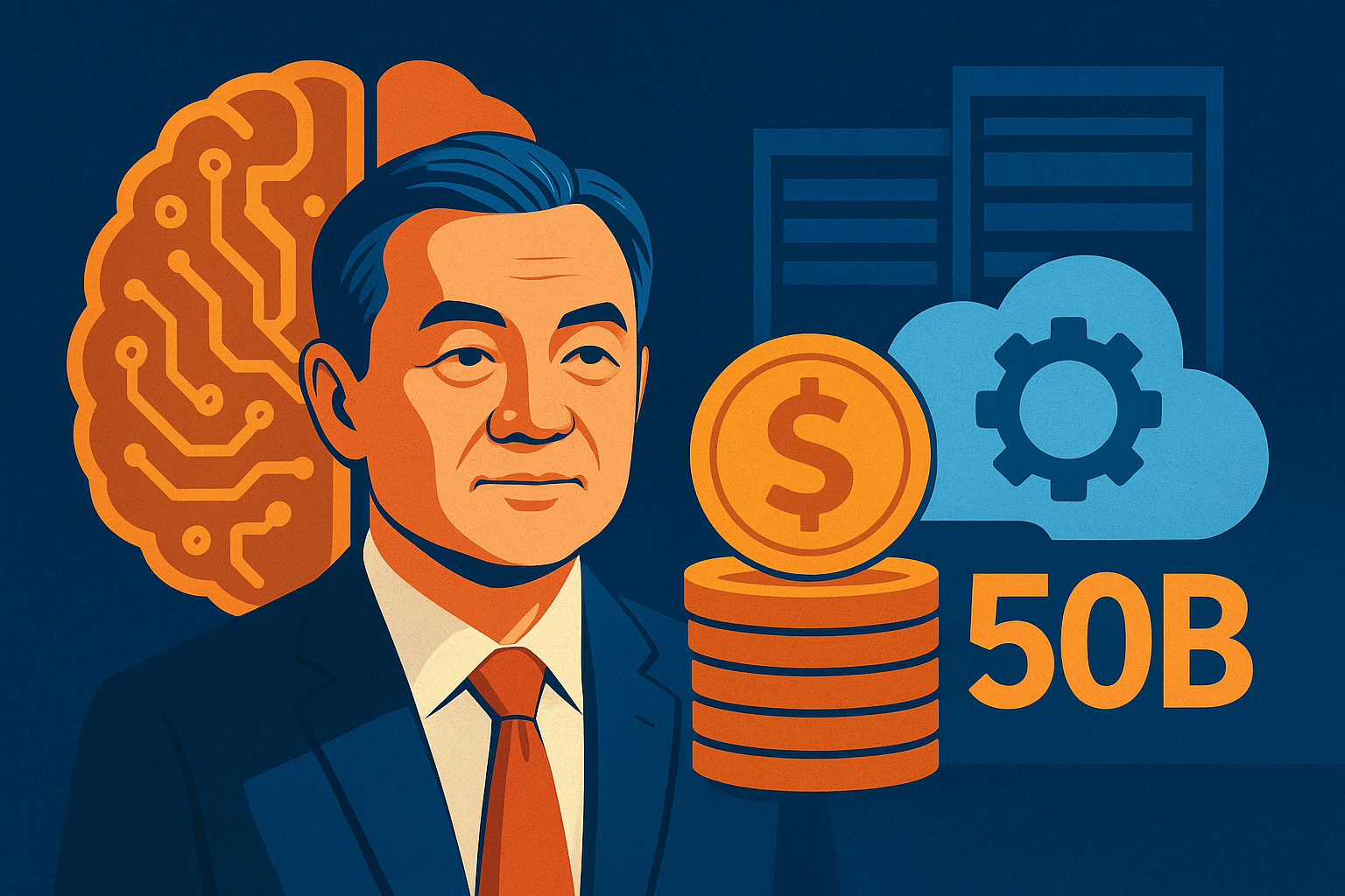 Digital illustration showing a futuristic server farm with AI circuits and cloud infrastructure representing Alibaba’s massive AI investment.