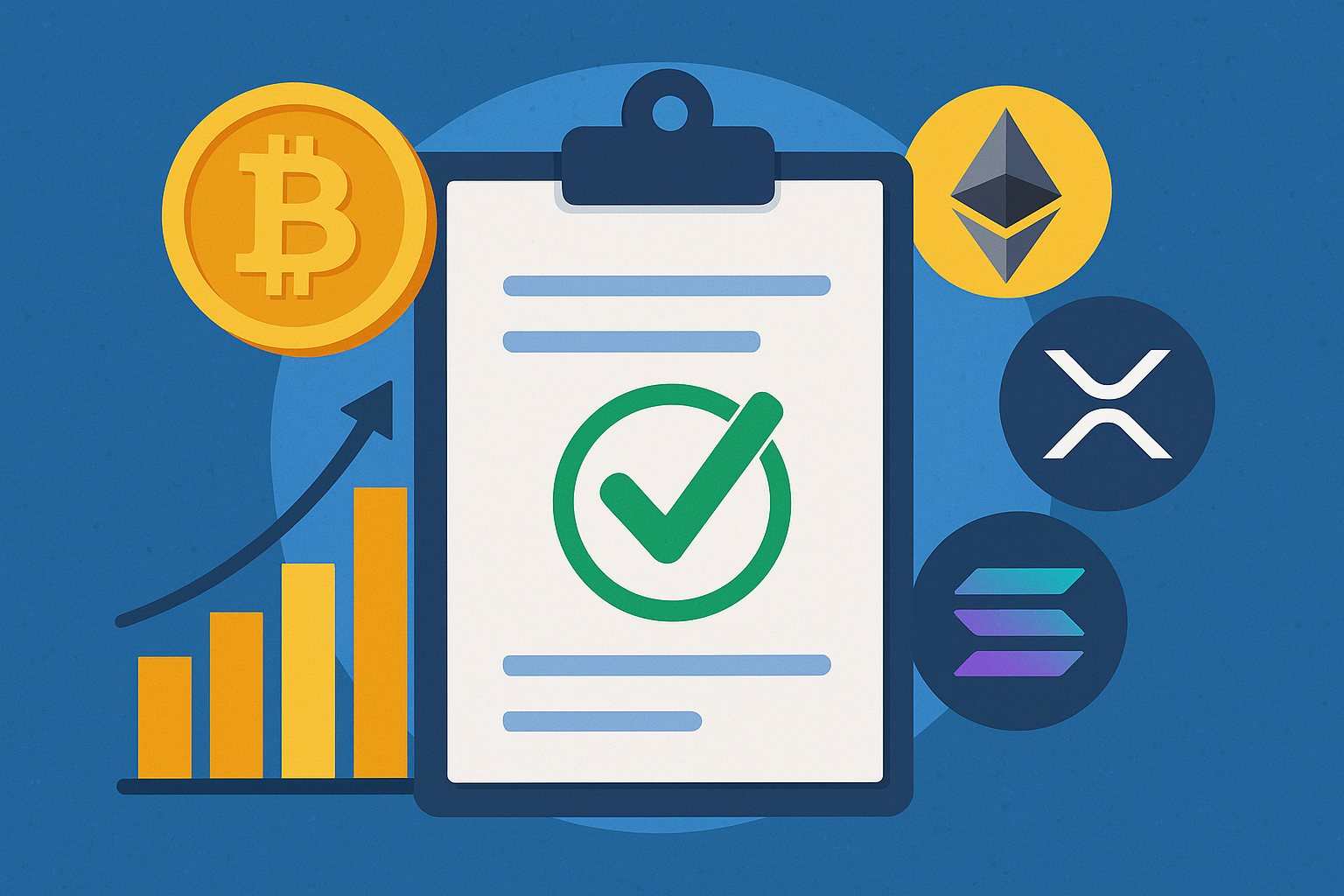 Illustration of a clipboard with a green checkmark surrounded by Bitcoin, Ethereum, XRP, and Solana symbols, alongside a rising bar chart.